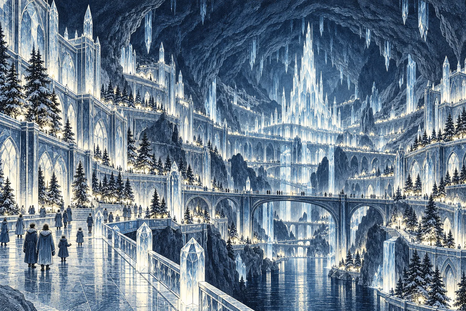 A vast underground cavern of terraced ice-glass buildings, bridges and heated pine gardens, with people in winter coats walking calmly.