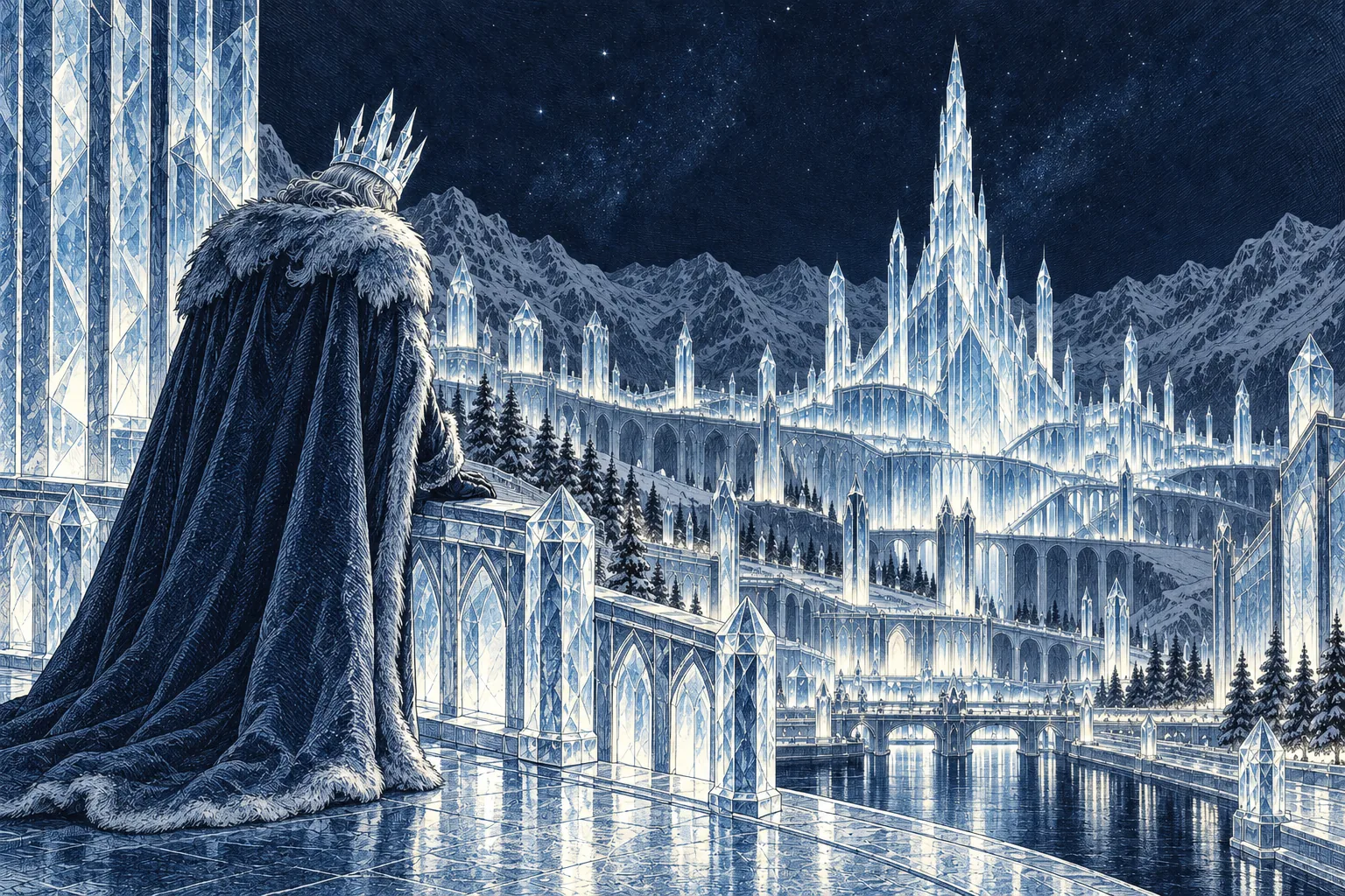 An emperor seen from behind in a heavy fur mantle and ice crown, gripping a balcony rail and looking out over a glowing crystal city at night.